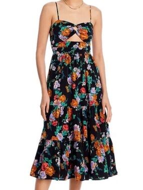 Aqua Sleeveless Cutout Midi Dress in Field of Flowers Black